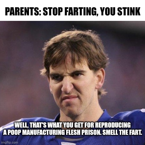 Fart memes | PARENTS: STOP FARTING, YOU STINK; WELL, THAT'S WHAT YOU GET FOR REPRODUCING A POOP MANUFACTURING FLESH PRISON. SMELL THE FART. | image tagged in fart,farts,hold fart,vegans do everthing better even fart,atomic farts | made w/ Imgflip meme maker