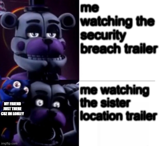 Funtime Freddy | me watching the security breach trailer; me watching the sister location trailer; MY FRIEND JUST THERE CUZ IM LONLEY | image tagged in funtime freddy,fnaf sister location,crazy,besties,why are you reading the tags | made w/ Imgflip meme maker