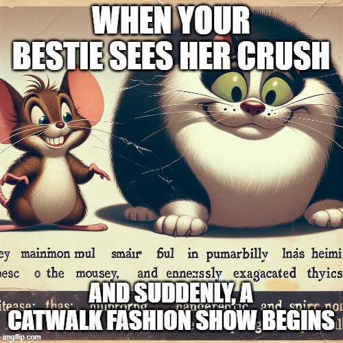 WHEN YOUR BESTIE SEES HER CRUSH; AND SUDDENLY, A CATWALK FASHION SHOW BEGINS | image tagged in simba shadowy place | made w/ Imgflip meme maker