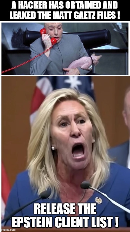 Sometimes you just have to laugh at the absurdity going on in DC | A HACKER HAS OBTAINED AND LEAKED THE MATT GAETZ FILES ! RELEASE THE EPSTEIN CLIENT LIST ! | image tagged in dr evil and mtg | made w/ Imgflip meme maker