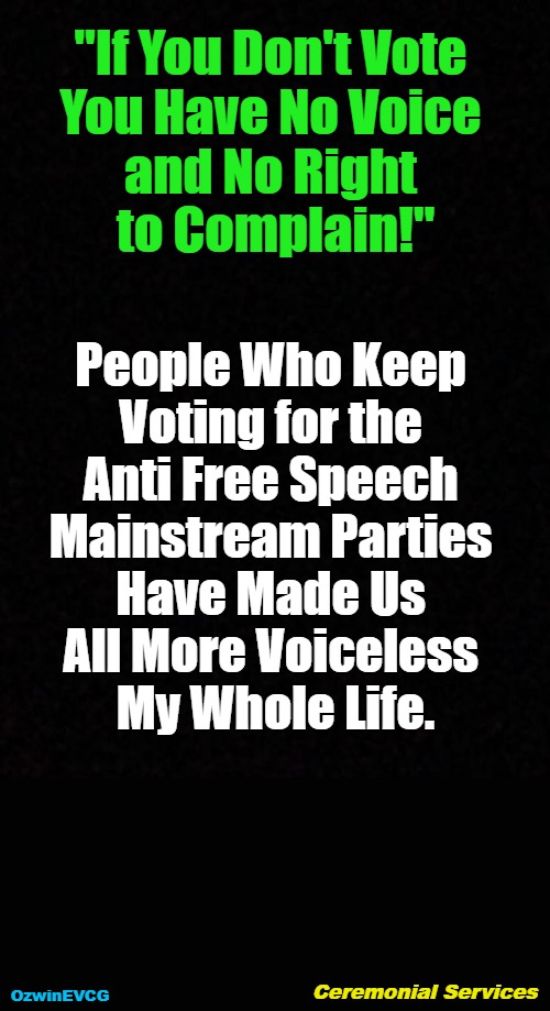 Ceremonial Services | "If You Don't Vote 

You Have No Voice 

and No Right 

to Complain!"; People Who Keep 

Voting for the 

Anti Free Speech 

Mainstream Parties 

Have Made Us 

All More Voiceless 

My Whole Life. Ceremonial Services; OzwinEVCG | image tagged in two-party paradigm,myth of progress,rigged elections,government corruption,voting debates,stop feeding beasts | made w/ Imgflip meme maker