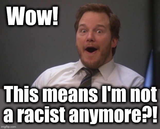 Chris Pratt Surprised | Wow! This means I'm not
a racist anymore?! | image tagged in chris pratt surprised | made w/ Imgflip meme maker