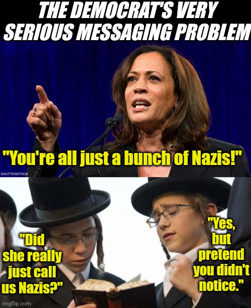 Democrats, are you SURE calling the country racist, misogynist, transphopic, or Nazis is working out as well as you hoped? | THE DEMOCRAT'S VERY SERIOUS MESSAGING PROBLEM; "You're all just a bunch of Nazis!"; "Yes, but pretend you didn't notice."; "Did she really just call us Nazis?" | image tagged in kamala harris,orthodox jew,racism,liberal hypocrisy,liberal vs conservative,epic fail | made w/ Imgflip meme maker