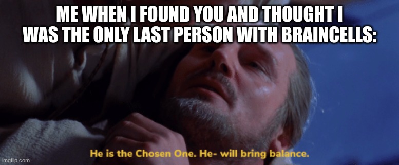 ME WHEN I FOUND YOU AND THOUGHT I WAS THE ONLY LAST PERSON WITH BRAINCELLS: | image tagged in he is the chosen one | made w/ Imgflip meme maker