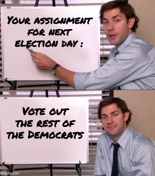 Jim Halpert Explains | Your assignment for next election day : Vote out the rest of the Democrats | image tagged in jim halpert explains | made w/ Imgflip meme maker