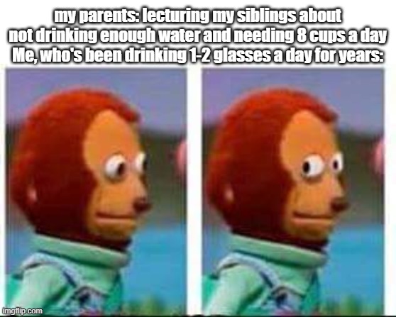 I don't drink 8 cups a day and i feel fine | my parents: lecturing my siblings about not drinking enough water and needing 8 cups a day
Me, who's been drinking 1-2 glasses a day for years: | image tagged in monkey puppet | made w/ Imgflip meme maker