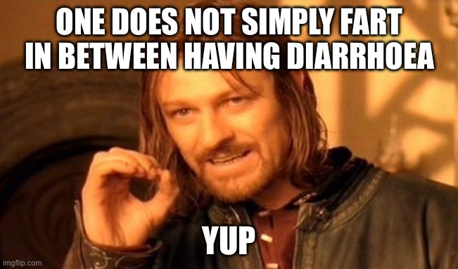 One Does Not Simply | ONE DOES NOT SIMPLY FART IN BETWEEN HAVING DIARRHOEA; YUP | image tagged in memes,one does not simply | made w/ Imgflip meme maker