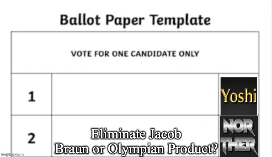 Yoshi x Norther shared temp | Eliminate Jacob Braun or Olympian Product? | image tagged in yoshi x norther shared temp,voting game s3 | made w/ Imgflip meme maker