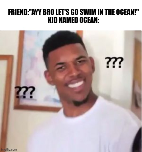 ocean. | FRIEND:"AYY BRO LET'S GO SWIM IN THE OCEAN!"
KID NAMED OCEAN: | image tagged in nick young | made w/ Imgflip meme maker