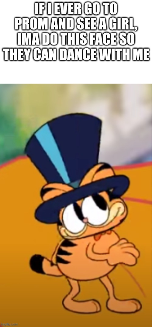 fancy boy | IF I EVER GO TO PROM AND SEE A GIRL, IMA DO THIS FACE SO THEY CAN DANCE WITH ME | image tagged in garfield in top hat | made w/ Imgflip meme maker