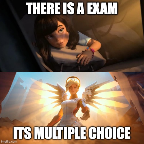 Overwatch Mercy Meme | THERE IS A EXAM; ITS MULTIPLE CHOICE | image tagged in overwatch mercy meme | made w/ Imgflip meme maker