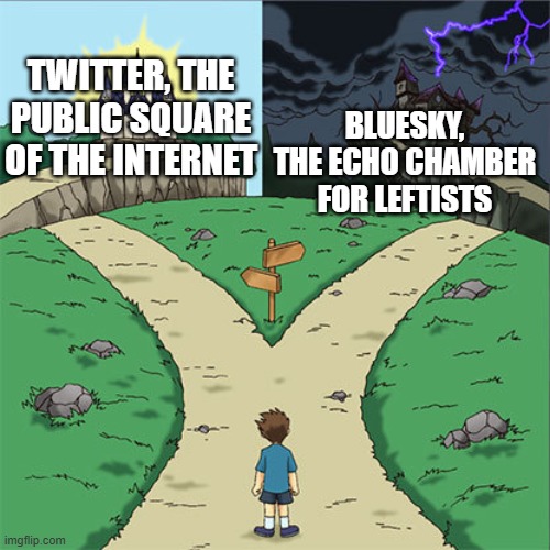 Two Paths | TWITTER, THE PUBLIC SQUARE OF THE INTERNET; BLUESKY, THE ECHO CHAMBER FOR LEFTISTS | image tagged in two paths | made w/ Imgflip meme maker