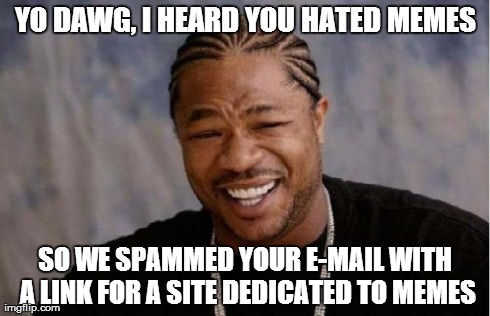 Yo Dawg Heard You | YO DAWG, I HEARD YOU HATED MEMES SO WE SPAMMED YOUR E-MAIL WITH A LINK FOR A SITE DEDICATED TO MEMES | image tagged in memes,yo dawg heard you | made w/ Imgflip meme maker