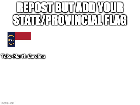 Blank White Template | REPOST BUT ADD YOUR STATE/PROVINCIAL FLAG; Tako-North Carolina | image tagged in blank white template | made w/ Imgflip meme maker