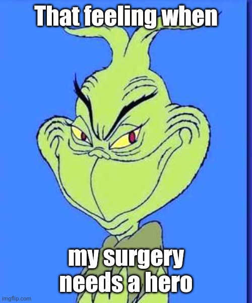 . | That feeling when; my surgery needs a hero | image tagged in good grinch | made w/ Imgflip meme maker