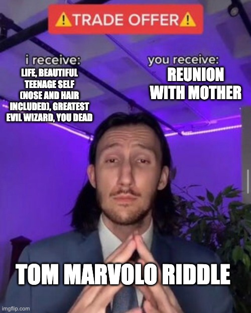 i receive you receive | REUNION WITH MOTHER; LIFE, BEAUTIFUL TEENAGE SELF (NOSE AND HAIR INCLUDED), GREATEST EVIL WIZARD, YOU DEAD; TOM MARVOLO RIDDLE | image tagged in i receive you receive | made w/ Imgflip meme maker