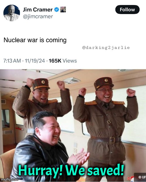 Ah finally at last. Some hope | @darking2jarlie; Hurray! We saved! | image tagged in illest victory,world war 3,ww3,nuclear war,putin | made w/ Imgflip meme maker