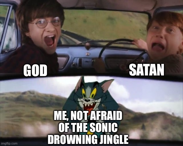 W | SATAN; GOD; ME, NOT AFRAID OF THE SONIC DROWNING JINGLE | image tagged in tom chasing harry and ron weasly | made w/ Imgflip meme maker