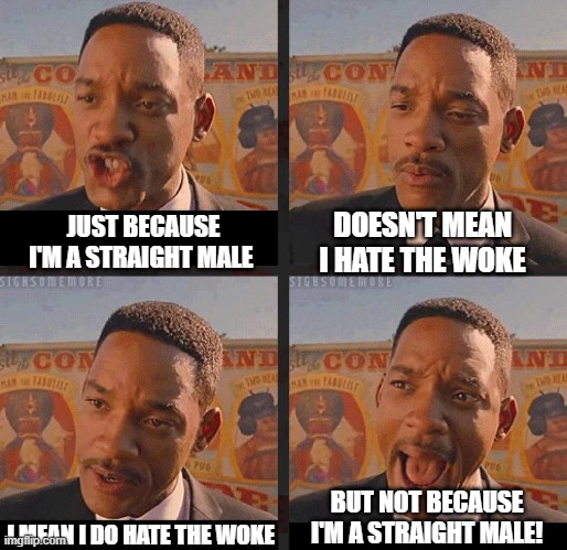 But not because I'm straight | DOESN'T MEAN I HATE THE WOKE; JUST BECAUSE I'M A STRAIGHT MALE; BUT NOT BECAUSE I'M A STRAIGHT MALE! I MEAN I DO HATE THE WOKE | image tagged in but not because i'm black | made w/ Imgflip meme maker