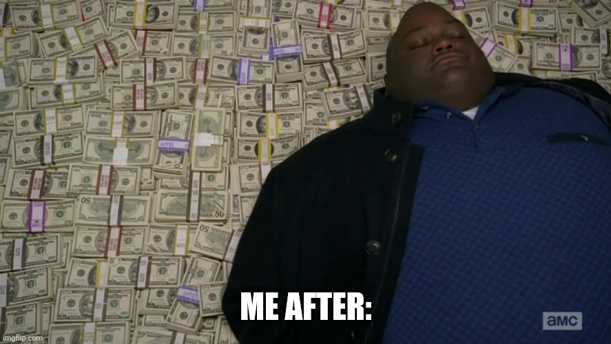 guy sleeping on pile of money | ME AFTER: | image tagged in guy sleeping on pile of money | made w/ Imgflip meme maker