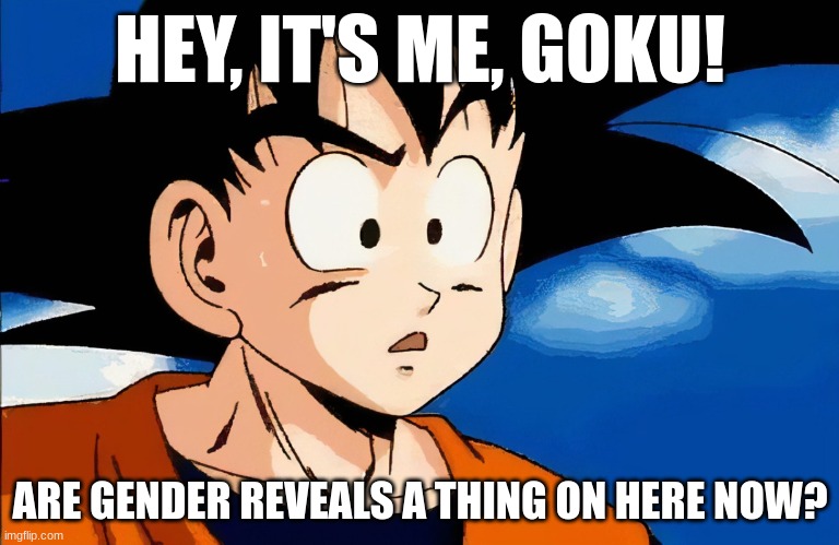 seriously... is it like the whole "face reveal" trend in order to get points? Like, "I'll reveal my gender after I reach 20,000  | HEY, IT'S ME, GOKU! ARE GENDER REVEALS A THING ON HERE NOW? | image tagged in confused goku,question,questions,wtf | made w/ Imgflip meme maker