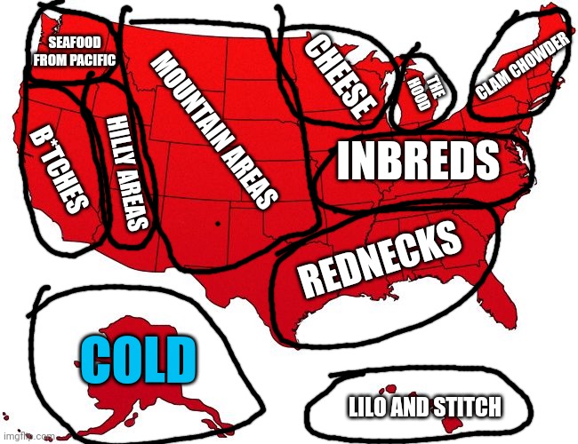 Red USA map | SEAFOOD FROM PACIFIC; CLAM CHOWDER; CHEESE; THE HOOD; MOUNTAIN AREAS; INBREDS; B*TCHES; HILLY AREAS; REDNECKS; COLD; LILO AND STITCH | image tagged in red usa map | made w/ Imgflip meme maker