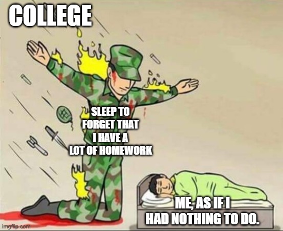 college | COLLEGE; SLEEP TO FORGET THAT I HAVE A LOT OF HOMEWORK; ME, AS IF I HAD NOTHING TO DO. | image tagged in soldier protecting sleeping child | made w/ Imgflip meme maker