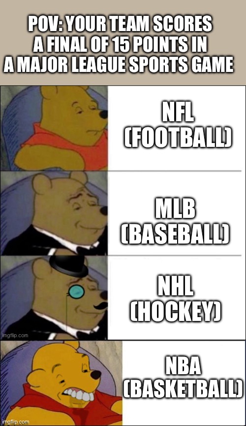 15 Points in Different Sports | POV: YOUR TEAM SCORES A FINAL OF 15 POINTS IN A MAJOR LEAGUE SPORTS GAME; NFL (FOOTBALL); MLB (BASEBALL); NHL (HOCKEY); NBA (BASKETBALL) | image tagged in good better best wut,sports,nfl football,baseball,hockey,basketball | made w/ Imgflip meme maker