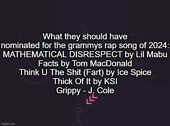 vik's image | What they should have nominated for the grammys rap song of 2024:
MATHEMATICAL DISRESPECT by Lil Mabu
Facts by Tom MacDonald
Think U The Shit (Fart) by Ice Spice
Thick Of It by KSI
Grippy - J. Cole | image tagged in vik's image | made w/ Imgflip meme maker