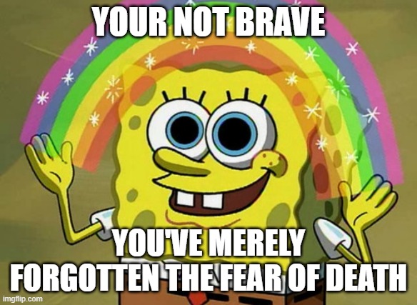 Imagination Spongebob Meme | YOUR NOT BRAVE; YOU'VE MERELY FORGOTTEN THE FEAR OF DEATH | image tagged in memes,imagination spongebob | made w/ Imgflip meme maker