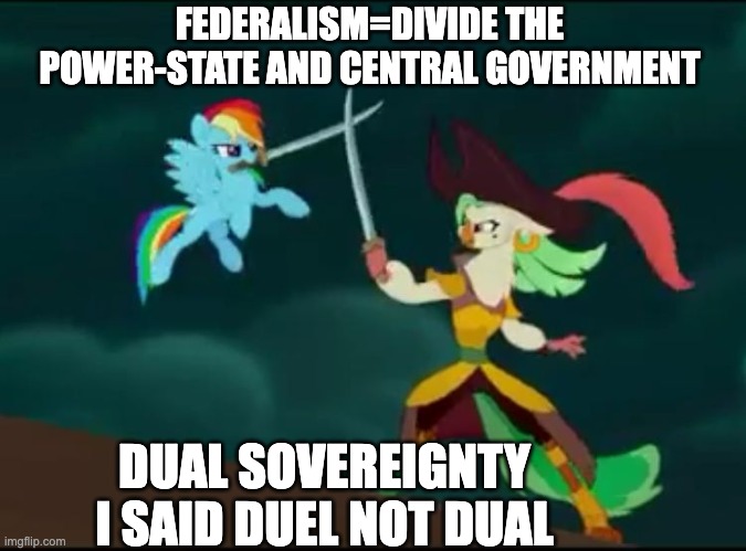 sword fight mlp movie | FEDERALISM=DIVIDE THE POWER-STATE AND CENTRAL GOVERNMENT; DUAL SOVEREIGNTY








I SAID DUEL NOT DUAL | image tagged in sword fight mlp movie | made w/ Imgflip meme maker