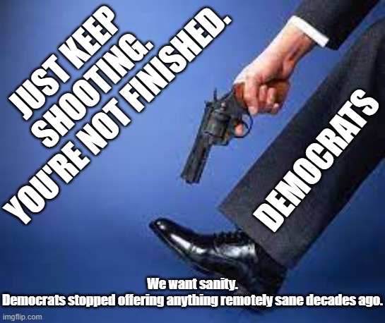 We're done with men ruining women's sports.  We're done with DEI.  We're done with swearing fealty to the World Economic Forum. | JUST KEEP SHOOTING.
YOU'RE NOT FINISHED. DEMOCRATS; We want sanity.
Democrats stopped offering anything remotely sane decades ago. | image tagged in shot in the foot,democrats stopped serving america,democrats serve the world | made w/ Imgflip meme maker