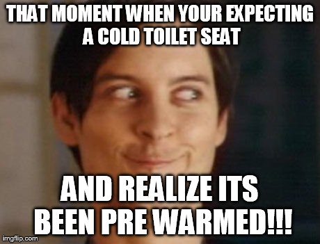 Spiderman Peter Parker Meme | THAT MOMENT WHEN YOUR EXPECTING A COLD TOILET SEAT AND REALIZE ITS BEEN PRE WARMED!!! | image tagged in memes,spiderman peter parker | made w/ Imgflip meme maker