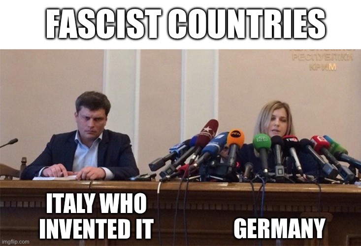 Man and woman microphone | FASCIST COUNTRIES; GERMANY; ITALY WHO INVENTED IT | image tagged in man and woman microphone,history,italy,ww2,fascism,germany | made w/ Imgflip meme maker