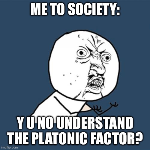 Y U No Meme | ME TO SOCIETY: Y U NO UNDERSTAND THE PLATONIC FACTOR? | image tagged in memes,y u no | made w/ Imgflip meme maker