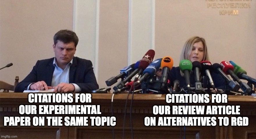 Man and woman microphone | CITATIONS FOR OUR REVIEW ARTICLE ON ALTERNATIVES TO RGD; CITATIONS FOR OUR EXPERIMENTAL PAPER ON THE SAME TOPIC | image tagged in man and woman microphone | made w/ Imgflip meme maker