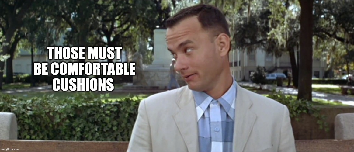 THOSE MUST BE COMFORTABLE CUSHIONS | image tagged in forest gump | made w/ Imgflip meme maker