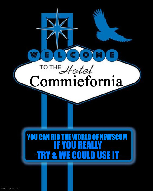 Are You Livin' It Up At The Hotel California ? | Commiefornia; YOU CAN RID THE WORLD OF NEWSCUM; IF YOU REALLY TRY & WE COULD USE IT | image tagged in welcome to the hotel california,political meme,politics,funny memes,funny | made w/ Imgflip meme maker