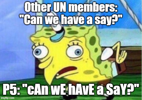 un at its finest | Other UN members: "Can we have a say?"; P5: "cAn wE hAvE a SaY?" | image tagged in memes,mocking spongebob | made w/ Imgflip meme maker