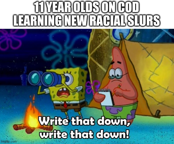 write that down | 11 YEAR OLDS ON COD LEARNING NEW RACIAL SLURS | image tagged in write that down | made w/ Imgflip meme maker