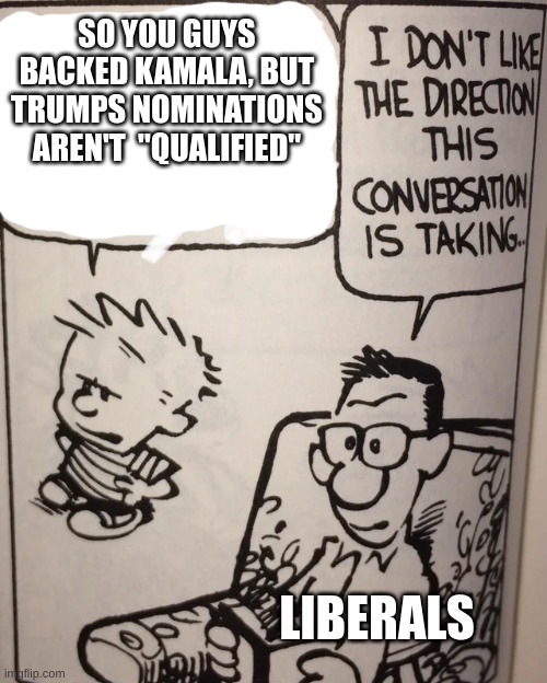 make it make sense | SO YOU GUYS BACKED KAMALA, BUT TRUMPS NOMINATIONS AREN'T  "QUALIFIED"; LIBERALS | image tagged in i don't like the direction this conversation is taking,calvin and hobbes,political meme | made w/ Imgflip meme maker