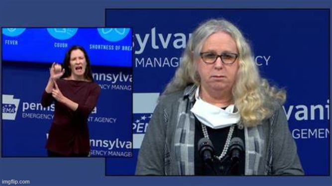 Transgender "woman" Rachel Levine with deaf interpreter | image tagged in transgender woman rachel levine with deaf interpreter | made w/ Imgflip meme maker