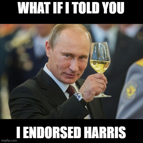 Putin Cheers | WHAT IF I TOLD YOU I ENDORSED HARRIS | image tagged in putin cheers | made w/ Imgflip meme maker