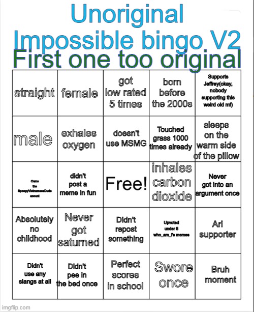 Too original | Unoriginal Impossible bingo V2; First one too original; got low rated 5 times; female; Supports Jeffrey(okay, nobody supporting this weird old mf); straight; born before the 2000s; doesn't use MSMG; male; sleeps on the warm side of the pillow; Touched grass 1000 times already; exhales oxygen; inhales carbon dioxide; Owns the SpoopyVietnameseDude acount; Never got into an argument once; didn't post a meme in fun; Absolutely no childhood; Never got saturned; Ari supporter; Upvoted under 5 who_am_i's memes; Didn't repost something; Didn't pee in the bed once; Bruh moment; Didn't use any slangs at all; Perfect scores in school; Swore once | image tagged in blank bingo,memes,bingo,impossible | made w/ Imgflip meme maker