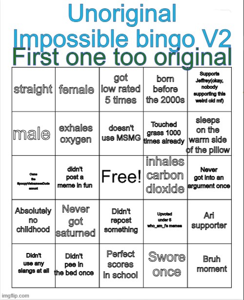 Unoriginal, also see if you can get any of this | image tagged in spoopyvietnamesedude's unoriginal impossible bingo v2,memes,custom,custom template,bingo | made w/ Imgflip meme maker