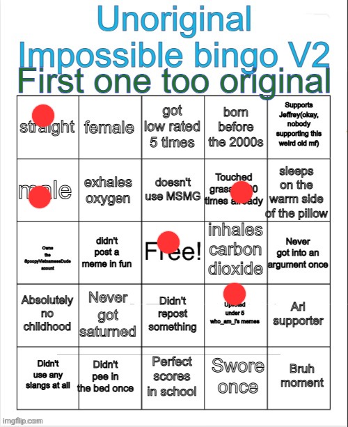 SpoopyVietnameseDude's unoriginal impossible bingo V2 | image tagged in spoopyvietnamesedude's unoriginal impossible bingo v2 | made w/ Imgflip meme maker