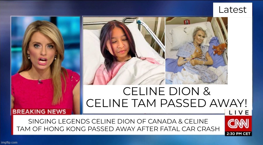 CELINE DION & CELINE TAM PASSED AWAY!!! | Latest; CELINE DION & CELINE TAM PASSED AWAY! SINGING LEGENDS CELINE DION OF CANADA & CELINE TAM OF HONG KONG PASSED AWAY AFTER FATAL CAR CRASH | image tagged in cnn breaking news | made w/ Imgflip meme maker