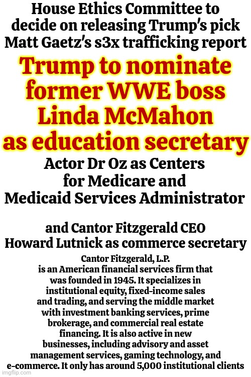 It's A Sh*t Show | House Ethics Committee to decide on releasing Trump's pick Matt Gaetz's s3x trafficking report; Trump to nominate former WWE boss Linda McMahon as education secretary; Actor Dr Oz as Centers for Medicare and Medicaid Services Administrator; Cantor Fitzgerald, L.P. is an American financial services firm that was founded in 1945. It specializes in institutional equity, fixed-income sales and trading, and serving the middle market with investment banking services, prime brokerage, and commercial real estate financing. It is also active in new businesses, including advisory and asset management services, gaming technology, and e-commerce. It only has around 5,000 institutional clients; and Cantor Fitzgerald CEO Howard Lutnick as commerce secretary | image tagged in memes,donald trump is a convicted rapist,lock him up,maga,conservative hypocrisy,trump's a joke | made w/ Imgflip meme maker