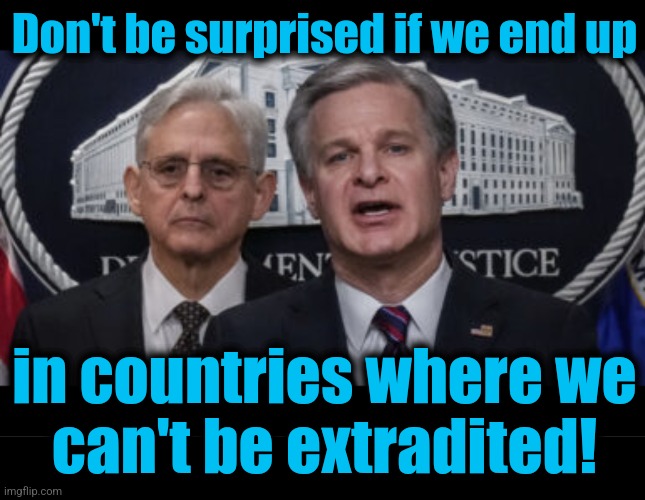 Don't be surprised if we end up in countries where we
can't be extradited! | image tagged in merrick garland and christopher wray,blank black | made w/ Imgflip meme maker