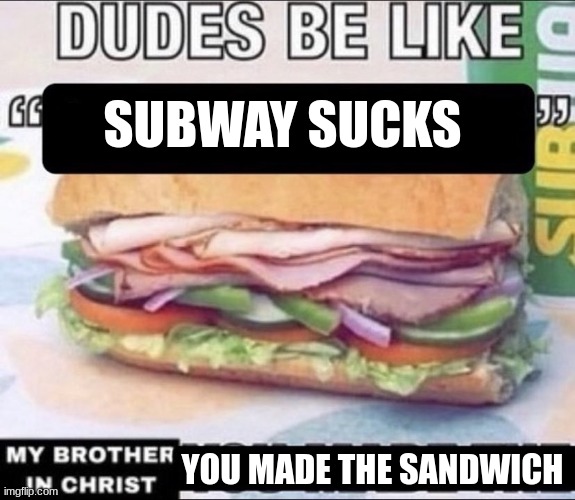 You made the sandwich | SUBWAY SUCKS; YOU MADE THE SANDWICH | image tagged in memes,funny,imgflip,fast food,sandwich | made w/ Imgflip meme maker